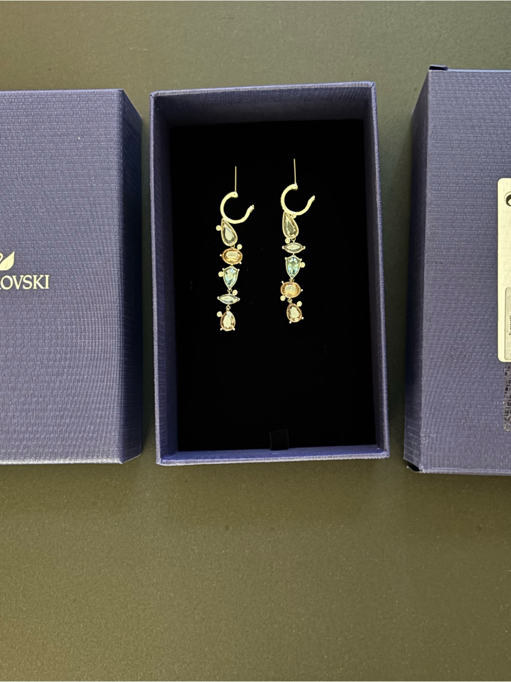 Swarovski Gold-Tone Linear Drop Earrings with Blue and Pink Stones